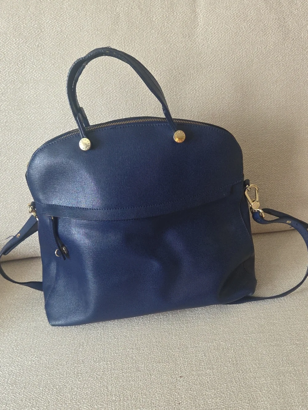 Furla Navy Blue Leather Satchel with Gold Hardware